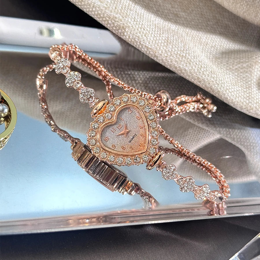Heart Diamond-Studded Watch with Adjustable Bracelet
