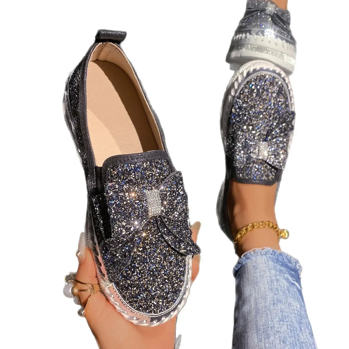 Sparkly Platform Loafers with Bow