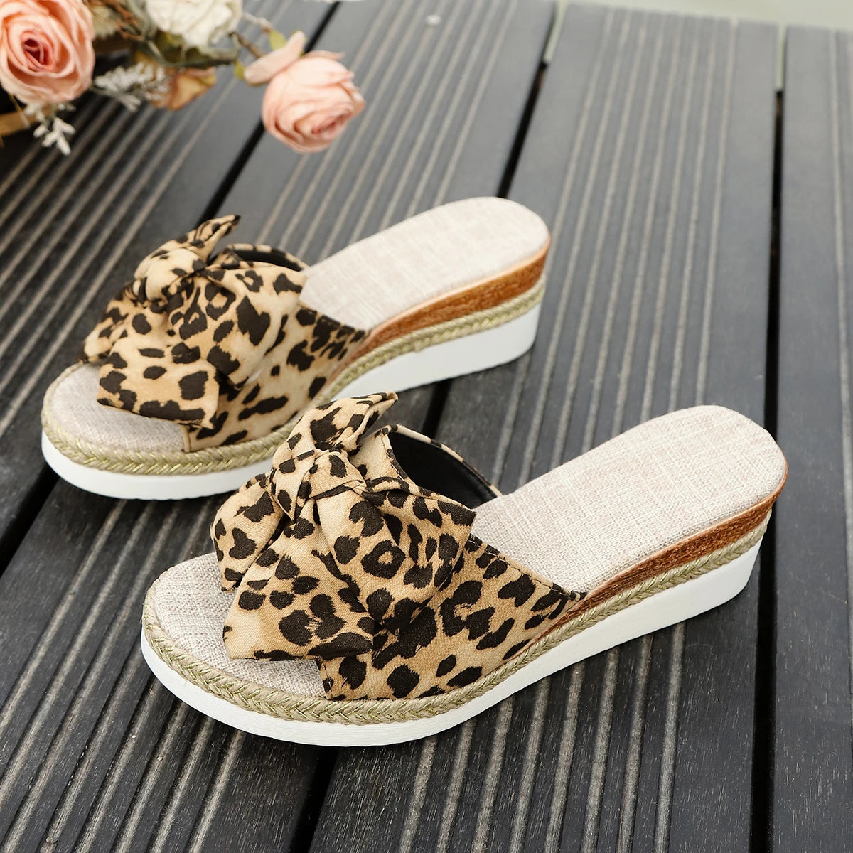 Leopard Wedge Sandles with Bow