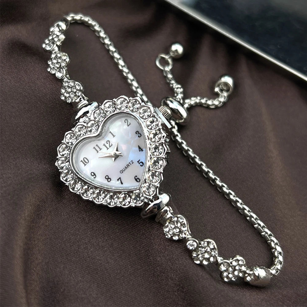 Heart Diamond-Studded Watch with Adjustable Bracelet