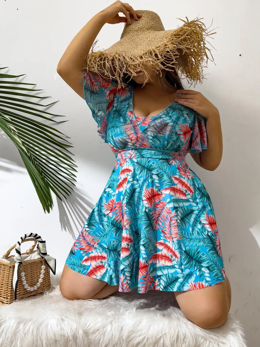 Ruffle Sleeve Tankini Top&High Waist Bikini Bottoms