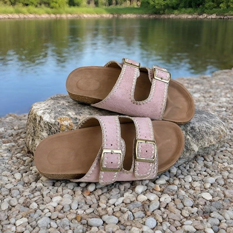 Stitched Soft Leather Sandals with Buckle