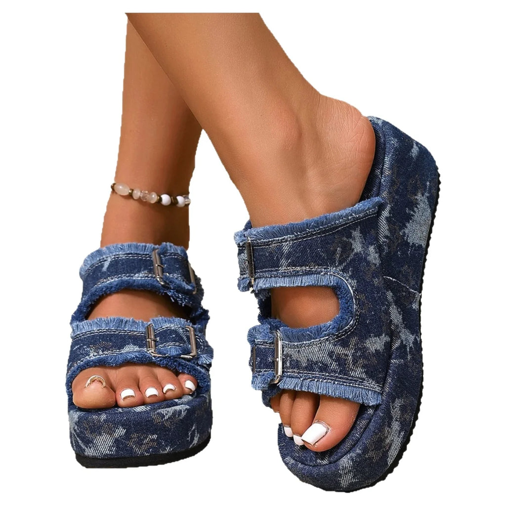 Denim Sandals with Adjustable Buckles