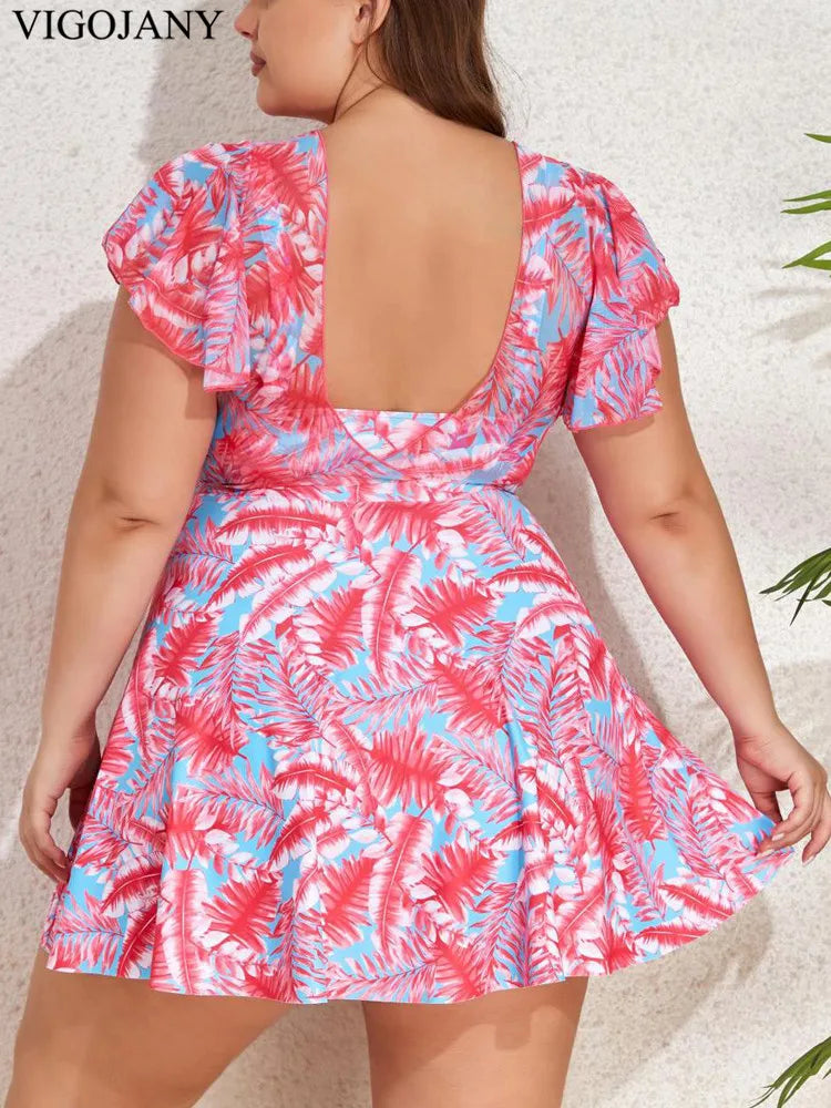 Ruffle Sleeve Tankini Top&High Waist Bikini Bottoms