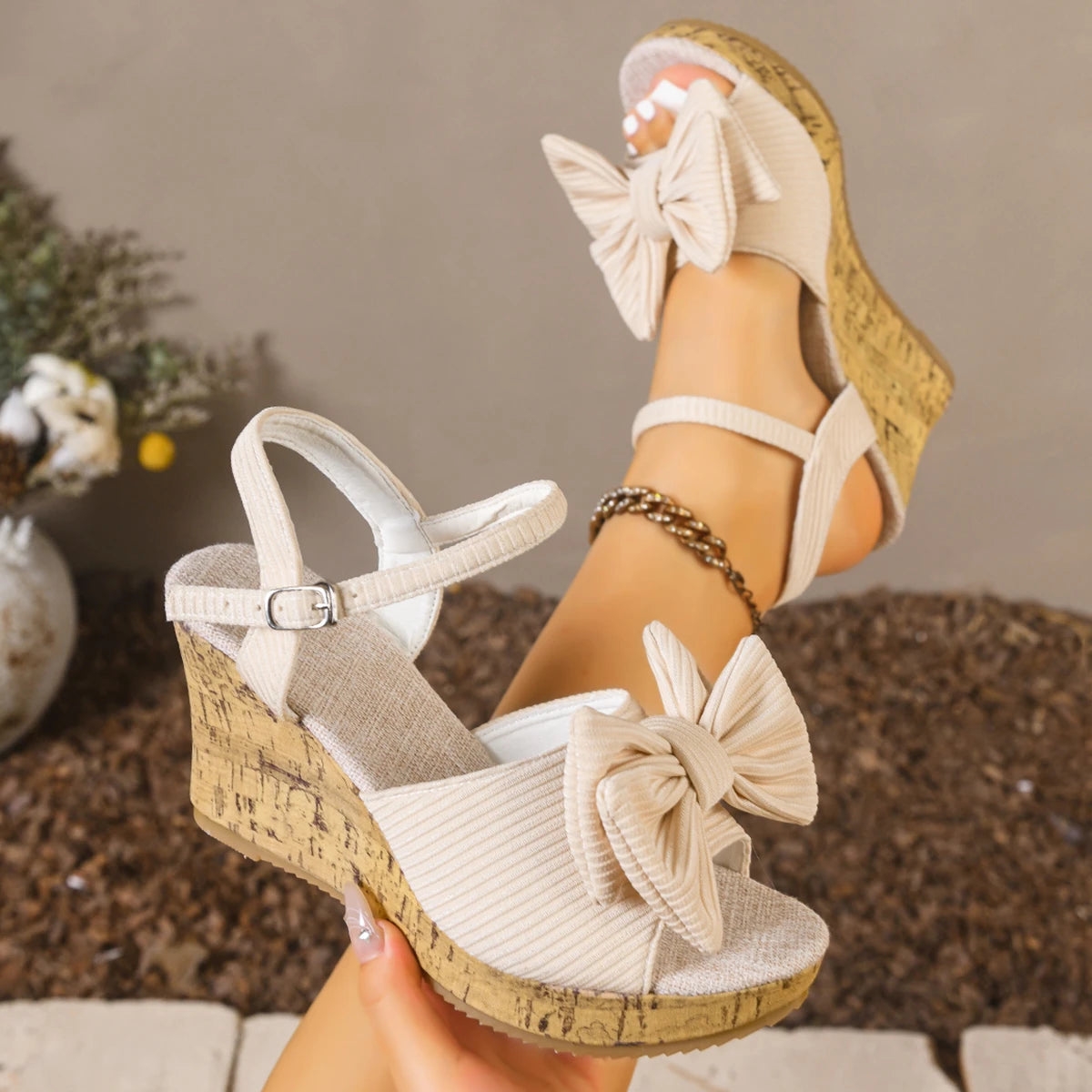 Corduroy Peep-Toe Wedge With Bow