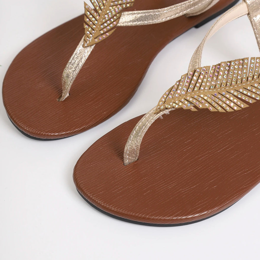 Gold Thong Sandals with Feather Detail