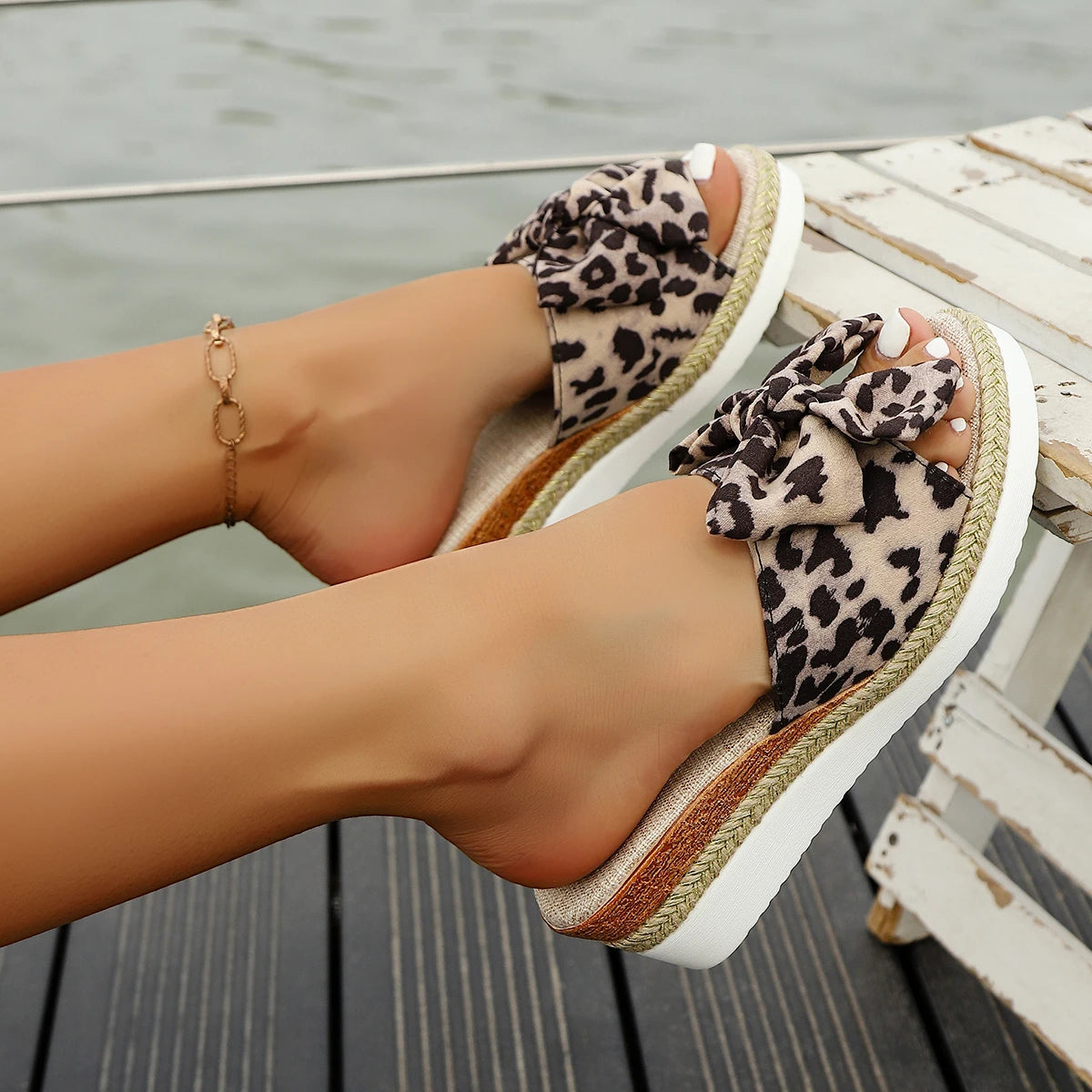 Leopard Wedge Sandles with Bow