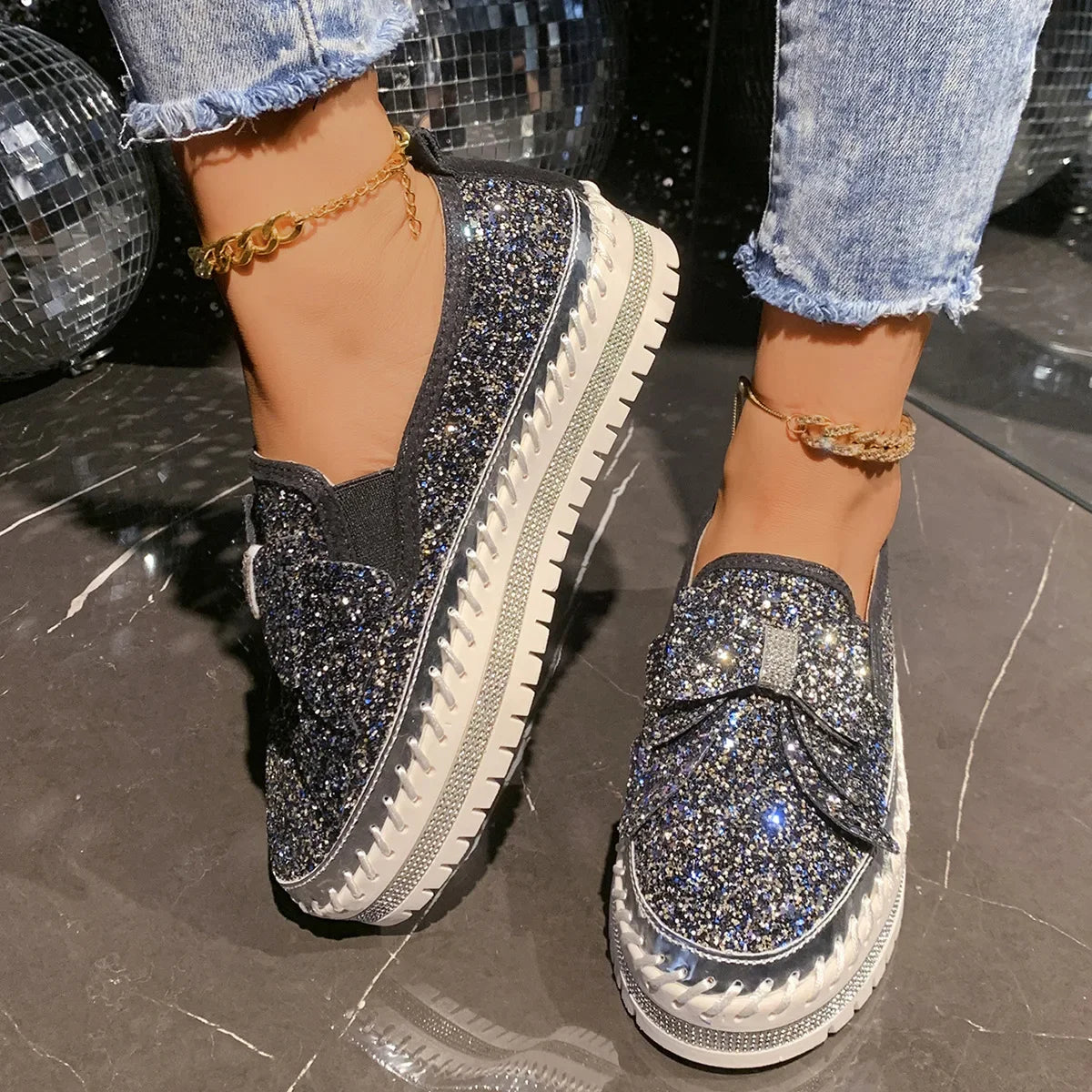 Sparkly Platform Loafers with Bow