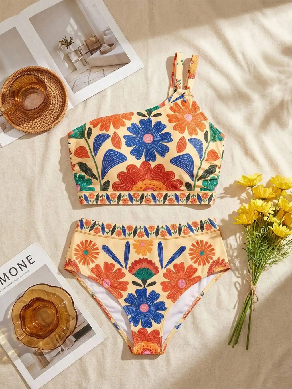 Floral Print Asymmetric Neck Bikini Set Women High Waist Beach Swimwear