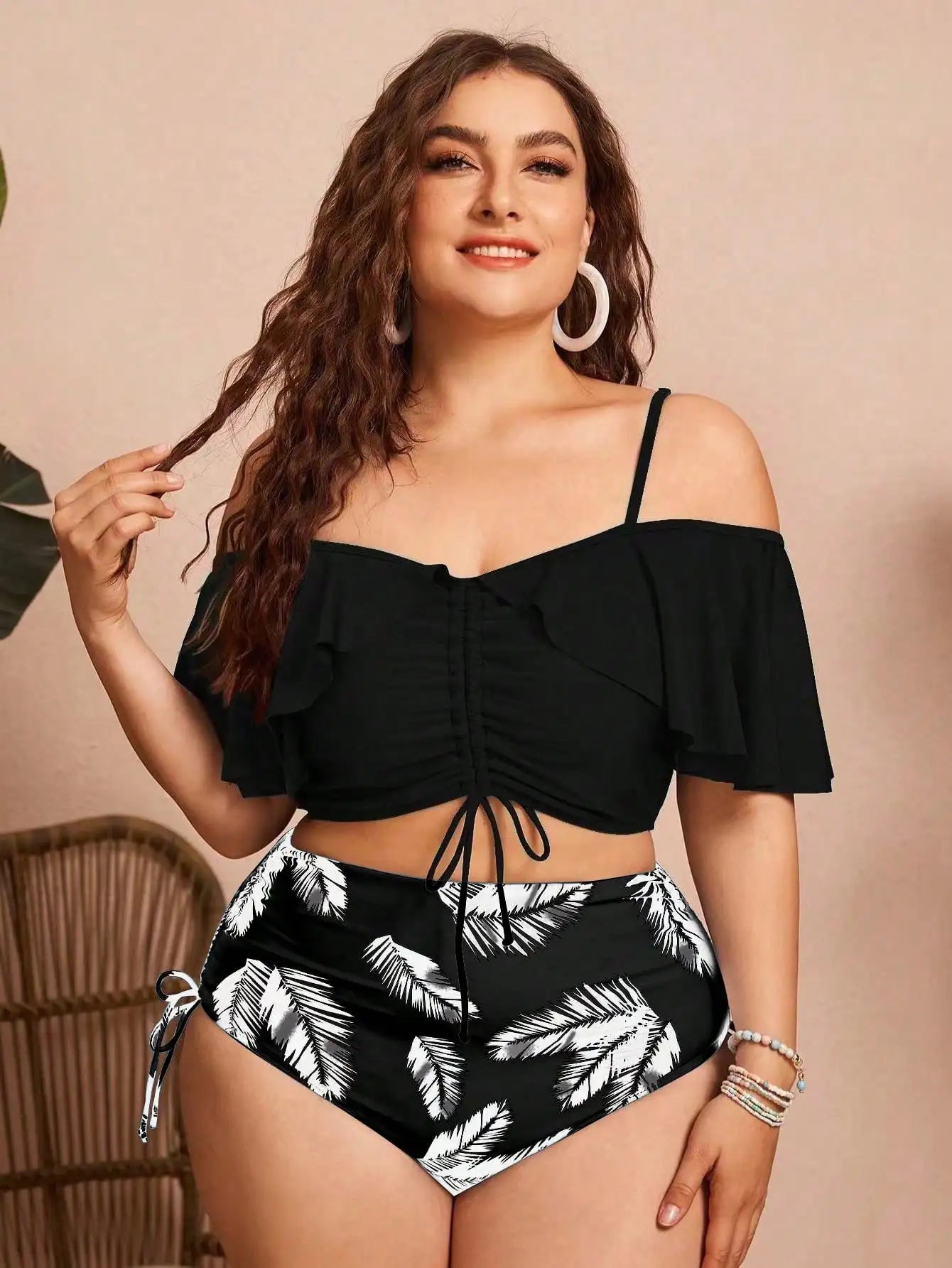 Ruched Ruffle Sleeve Bikini Top&High Waist Ruched Bikini Bottoms