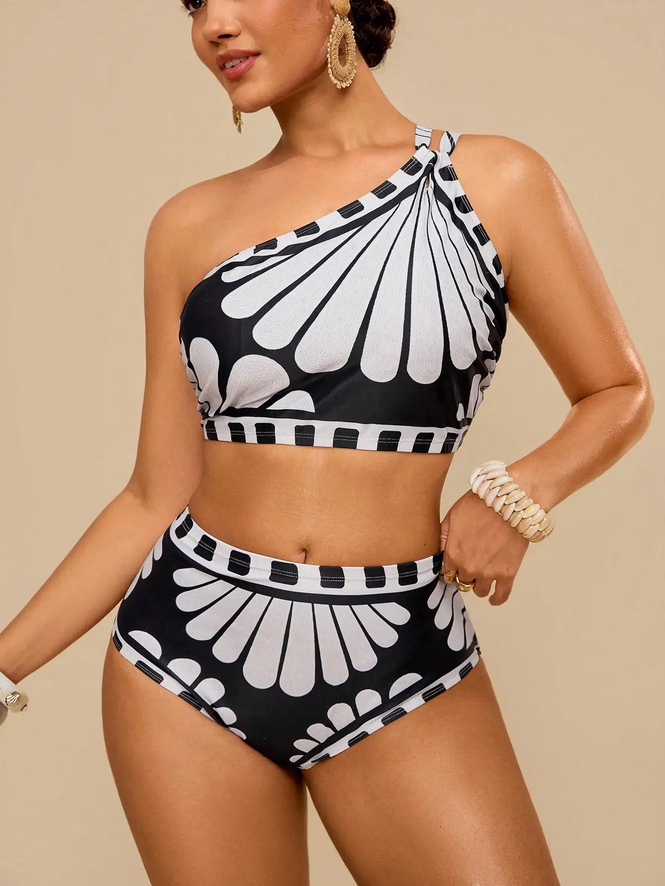 Floral Print Asymmetric Neck Bikini Set Women High Waist Beach Swimwear