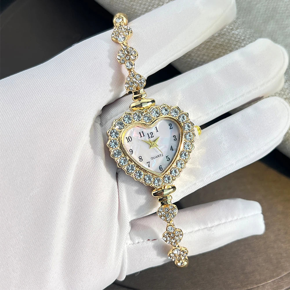 Heart Diamond-Studded Watch with Adjustable Bracelet