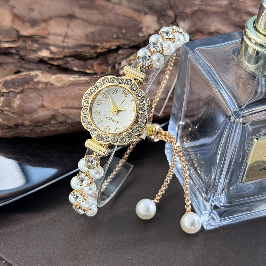 Pearl & Diamond Watch- with Adjustable Band