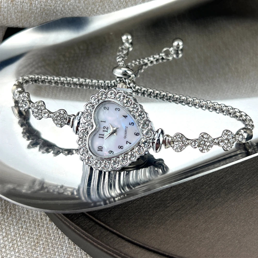 Heart Diamond-Studded Watch with Adjustable Bracelet