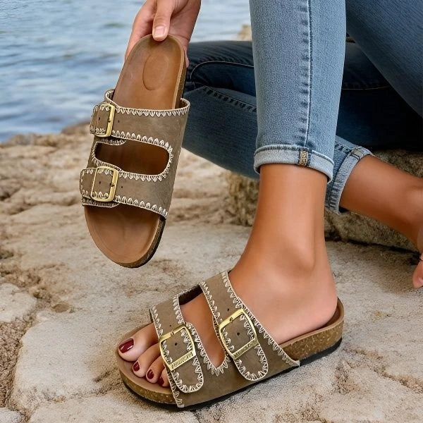 Stitched Soft Leather Sandals with Buckle