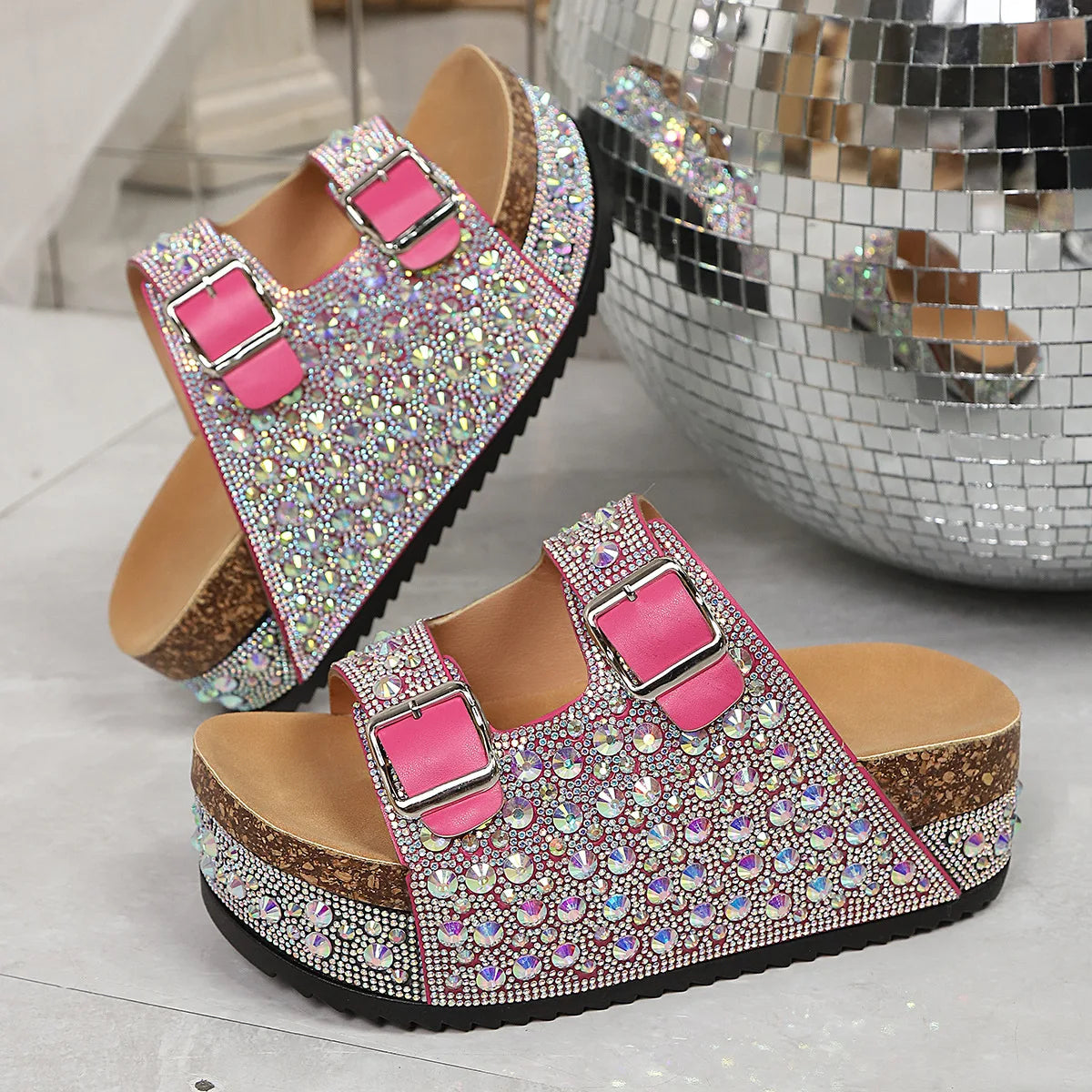 Platform Rhinestone Sandals with Buckles