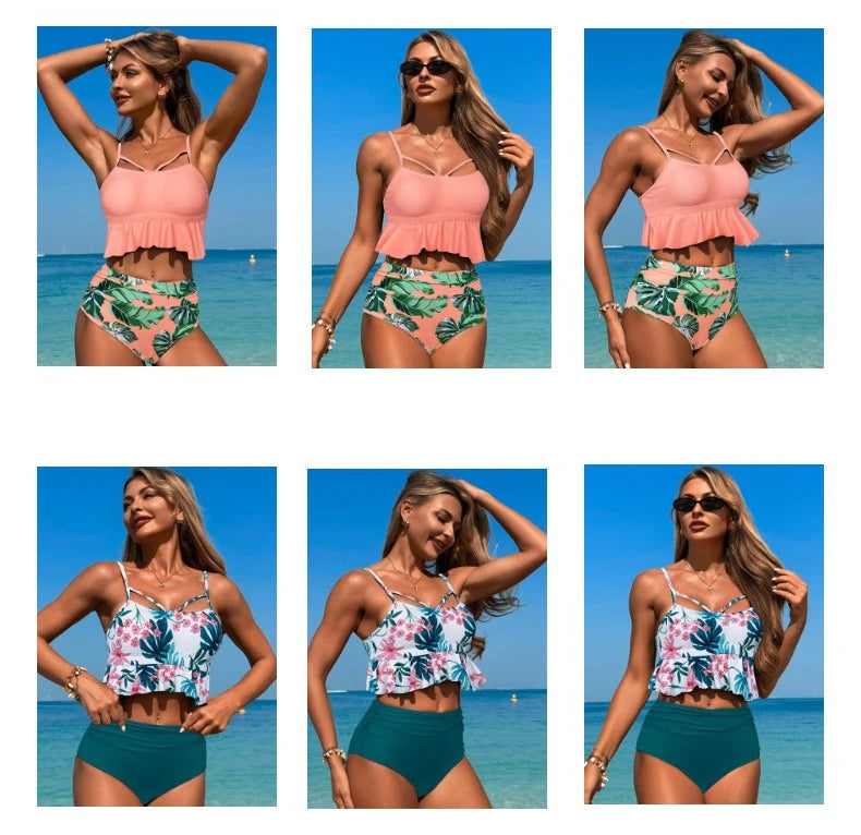Ruffle Tankini Top&High Waist Bikini Bottoms