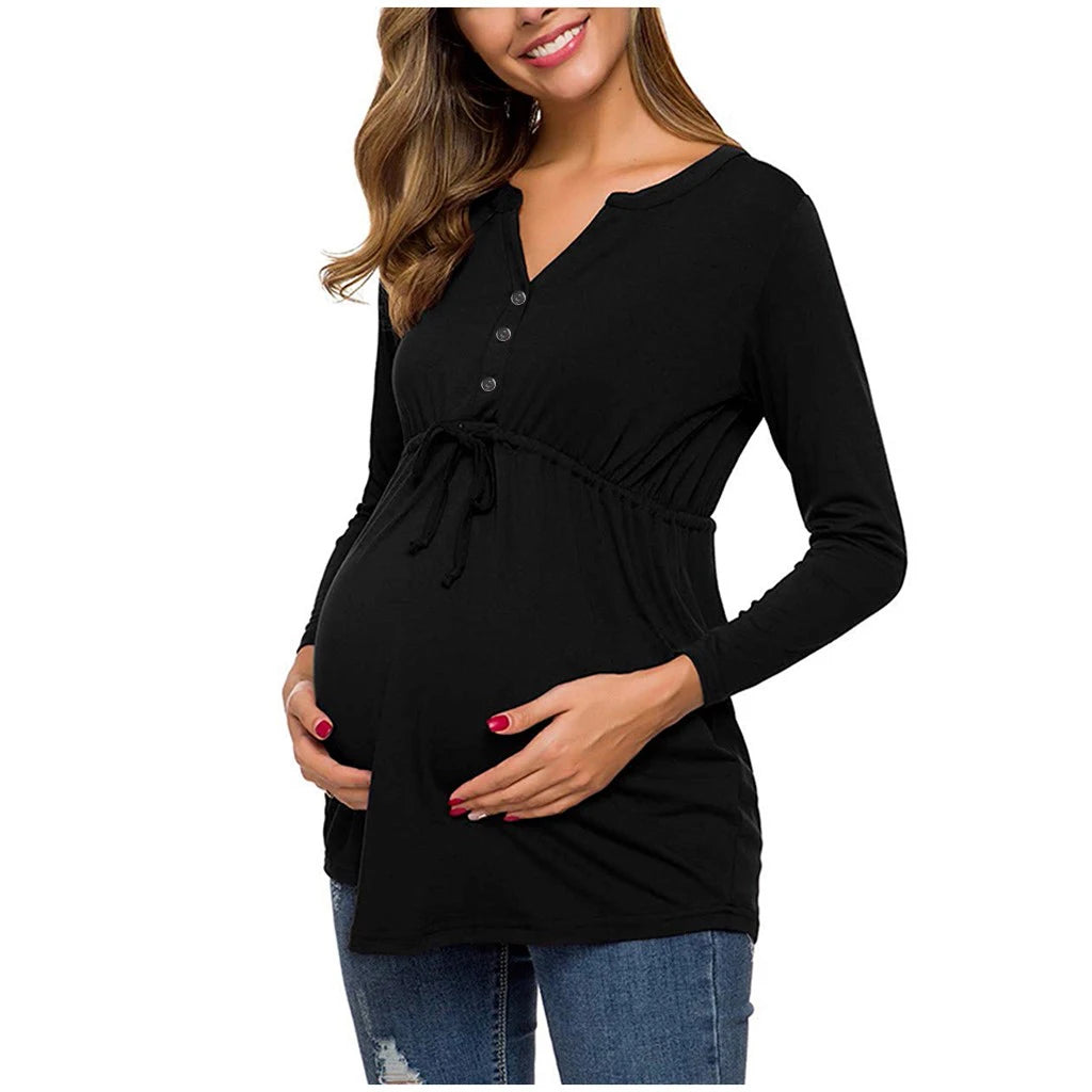 Women Maternity Long Sleeve Solid Color Nursing Tops T-shirt For Breastfeeding