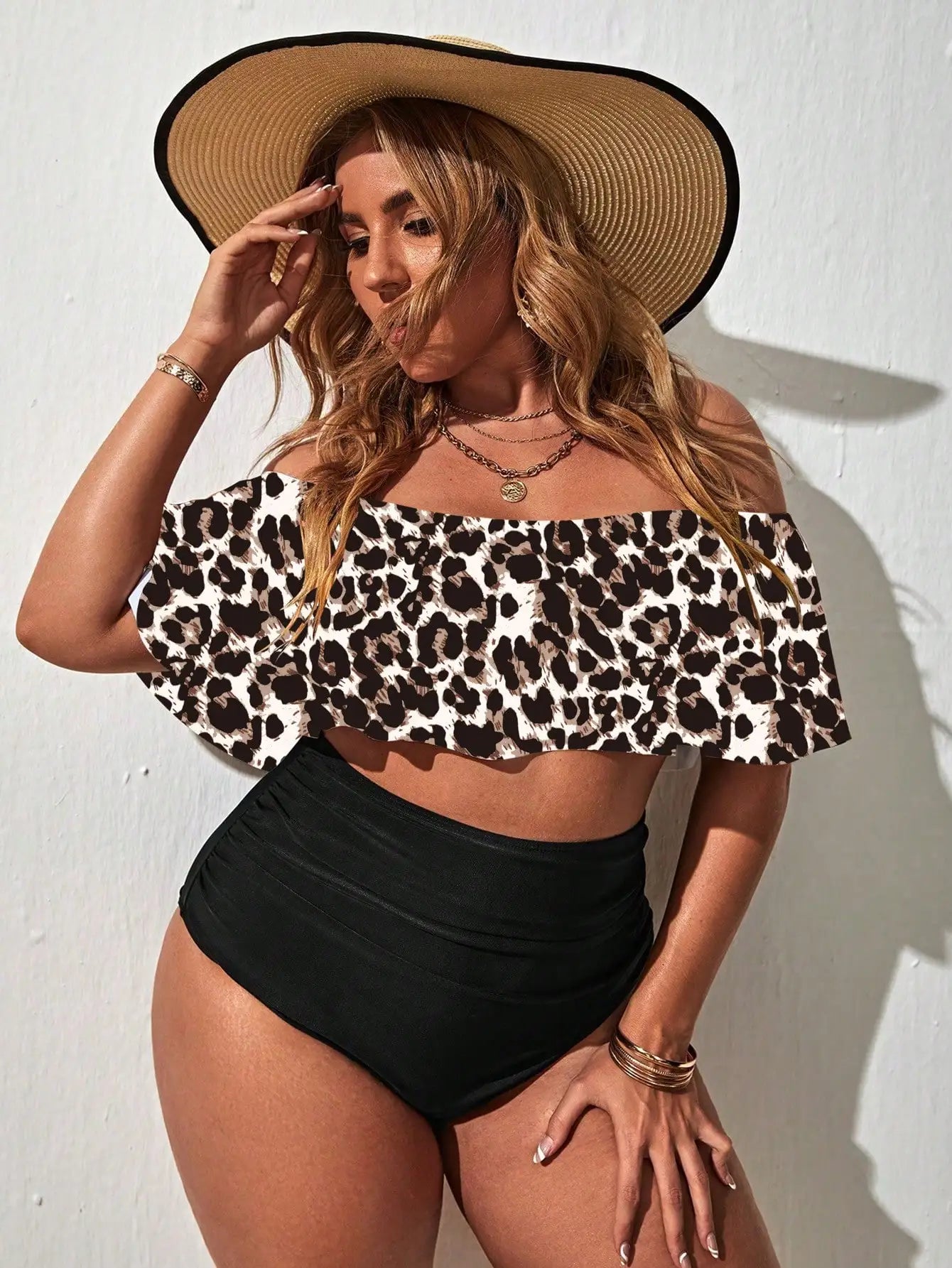 Leopard Print Off Shoulder High Waist Bikini Swimsuit For Women Summer Beach Vacation