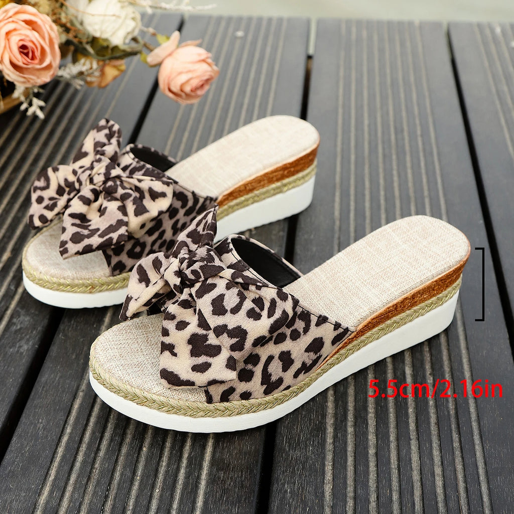Leopard Wedge Sandles with Bow