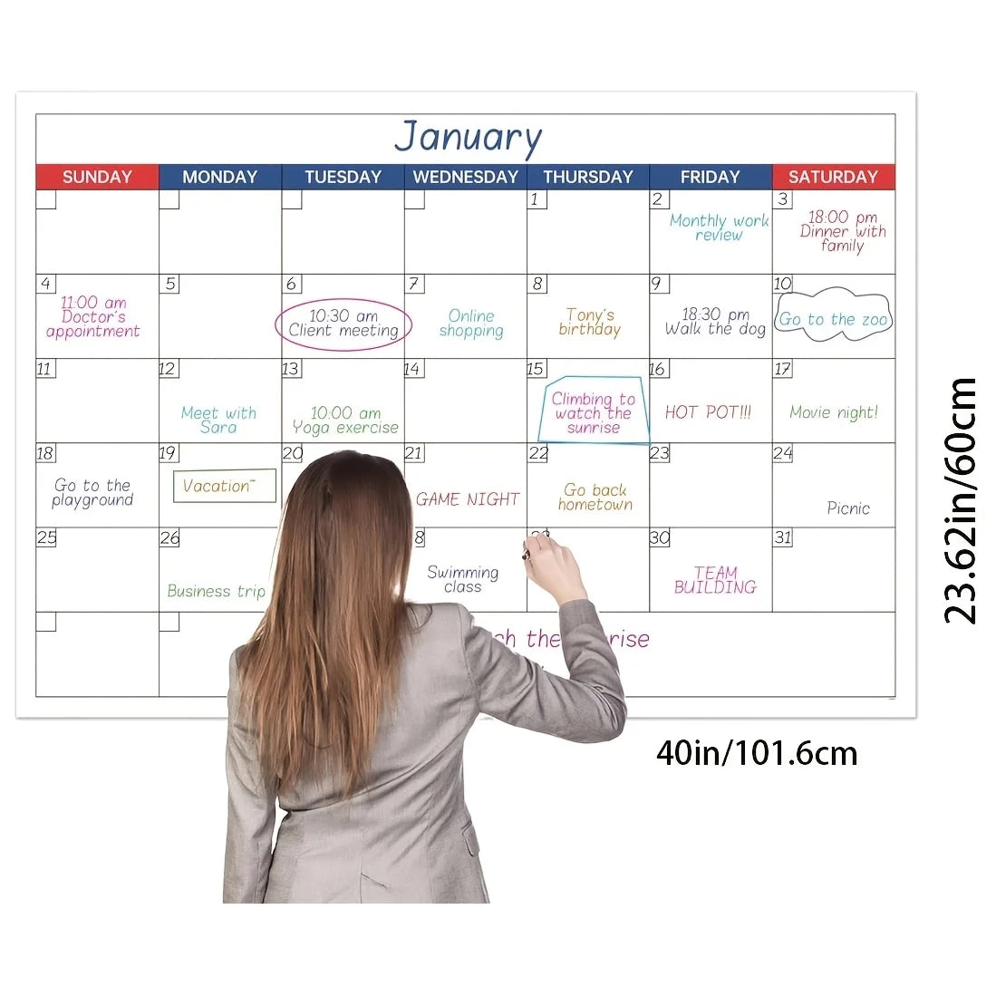 Wall Mount Rewritable Calendar - Undated Monthly Calendar, 40 × 23.62 with 8 Round Stickers