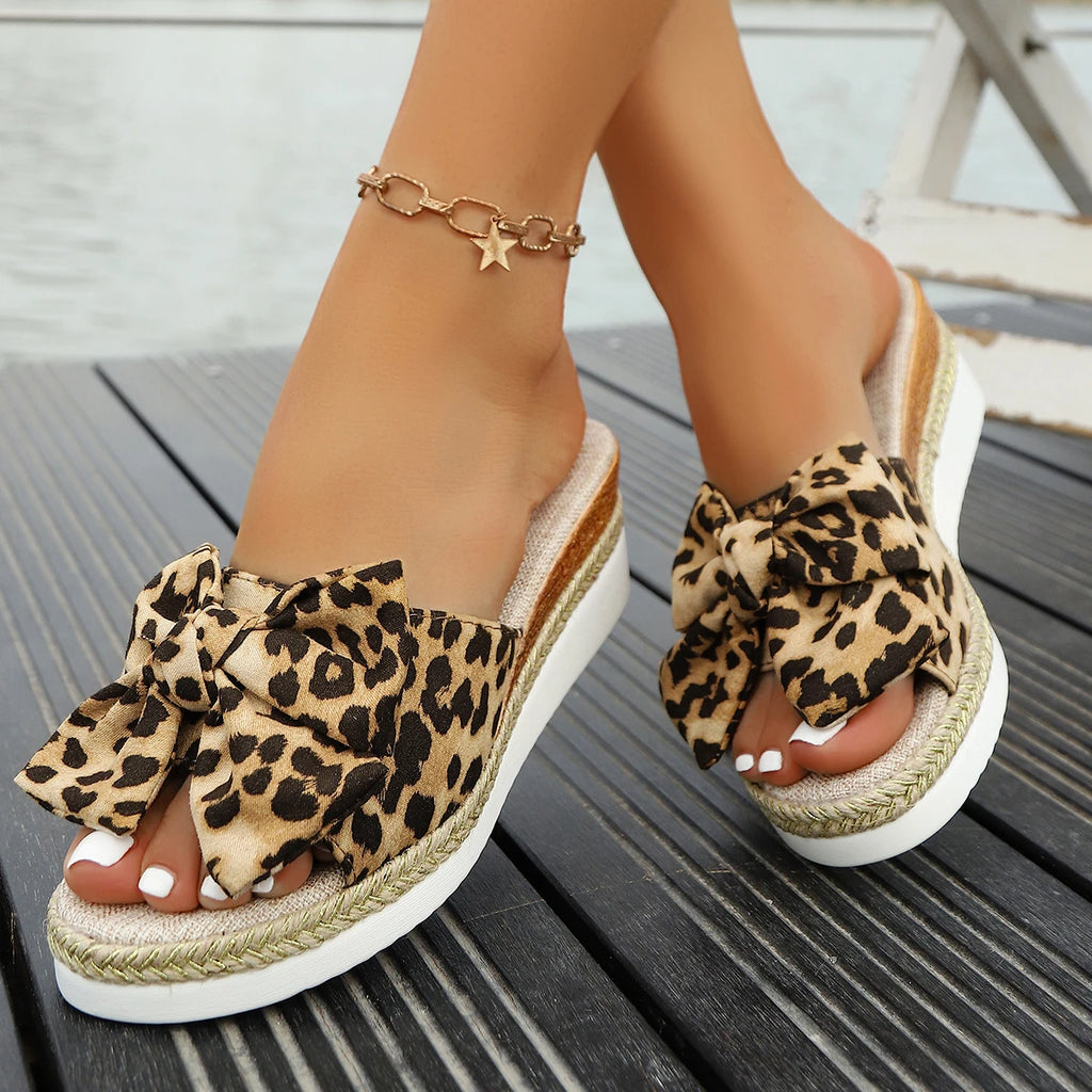 Leopard Wedge Sandles with Bow
