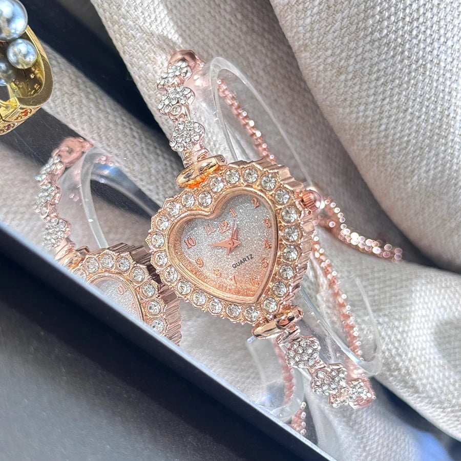 Heart Diamond-Studded Watch with Adjustable Bracelet