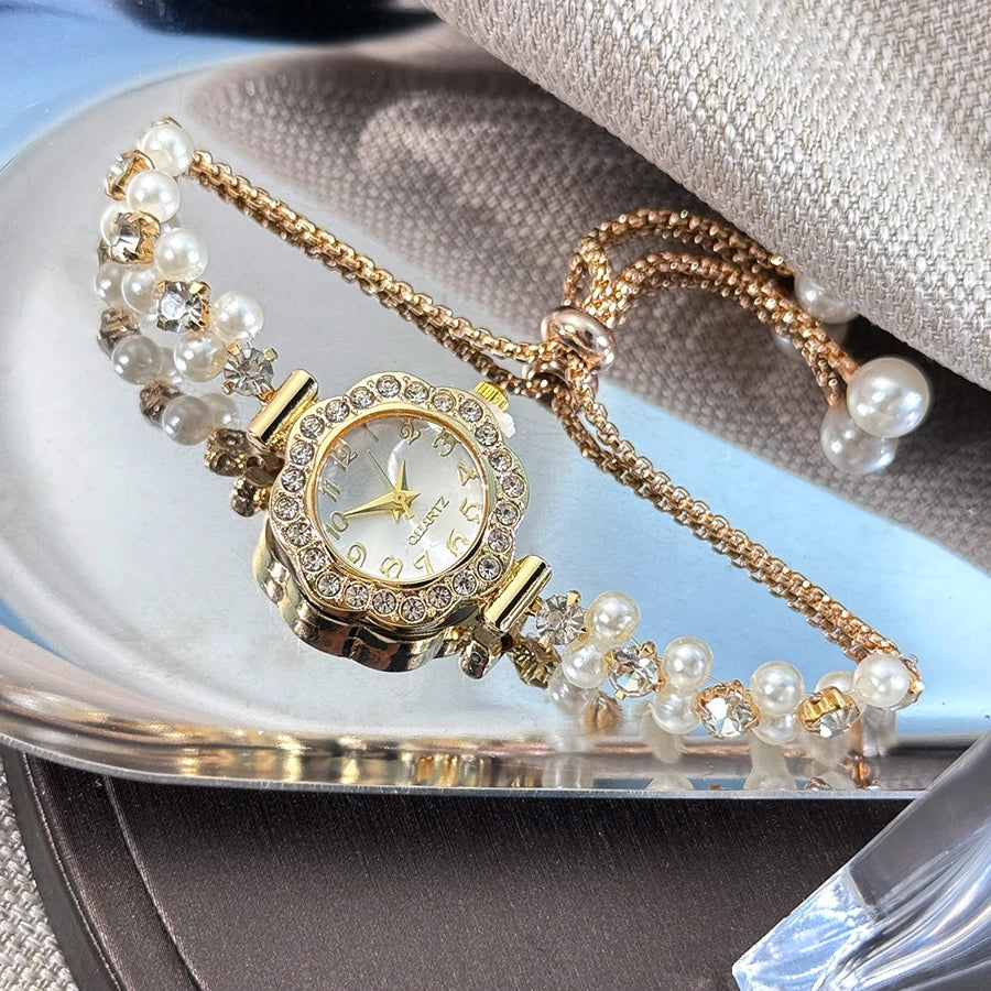 Pearl & Diamond Watch- with Adjustable Band