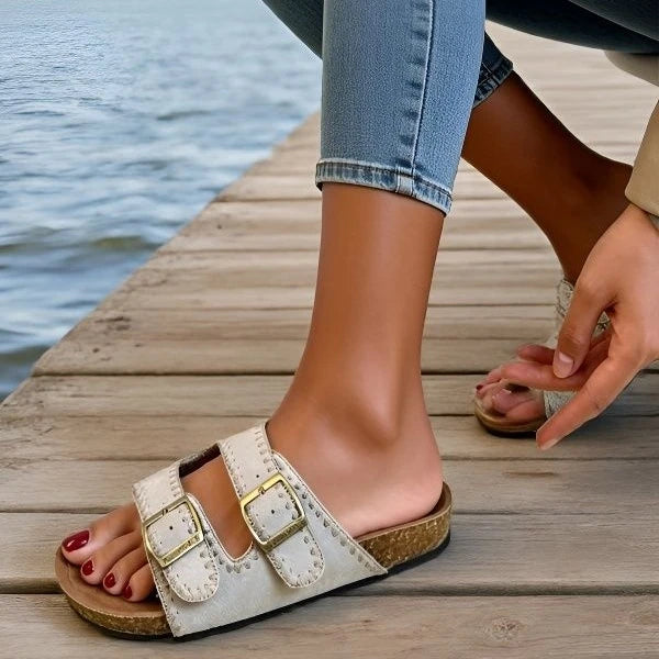 Stitched Soft Leather Sandals with Buckle
