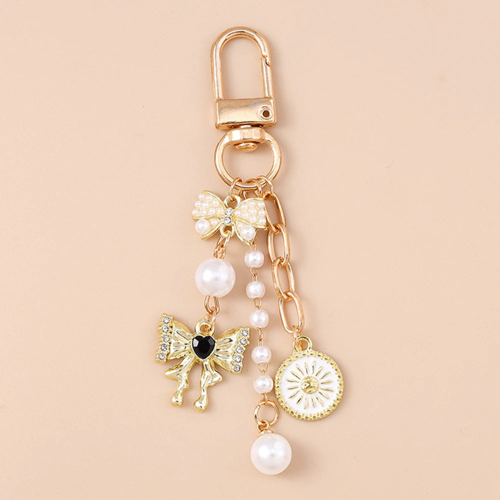 Cute Bowknot Love Heart Keychain Crystal Pearl Key Ring Pendants for Women Girls Handbag Decor DIY Handmade Key Chain Gifts