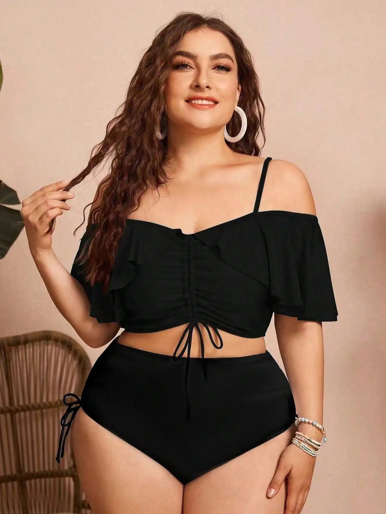 Ruched Ruffle Sleeve Bikini Top&High Waist Ruched Bikini Bottoms