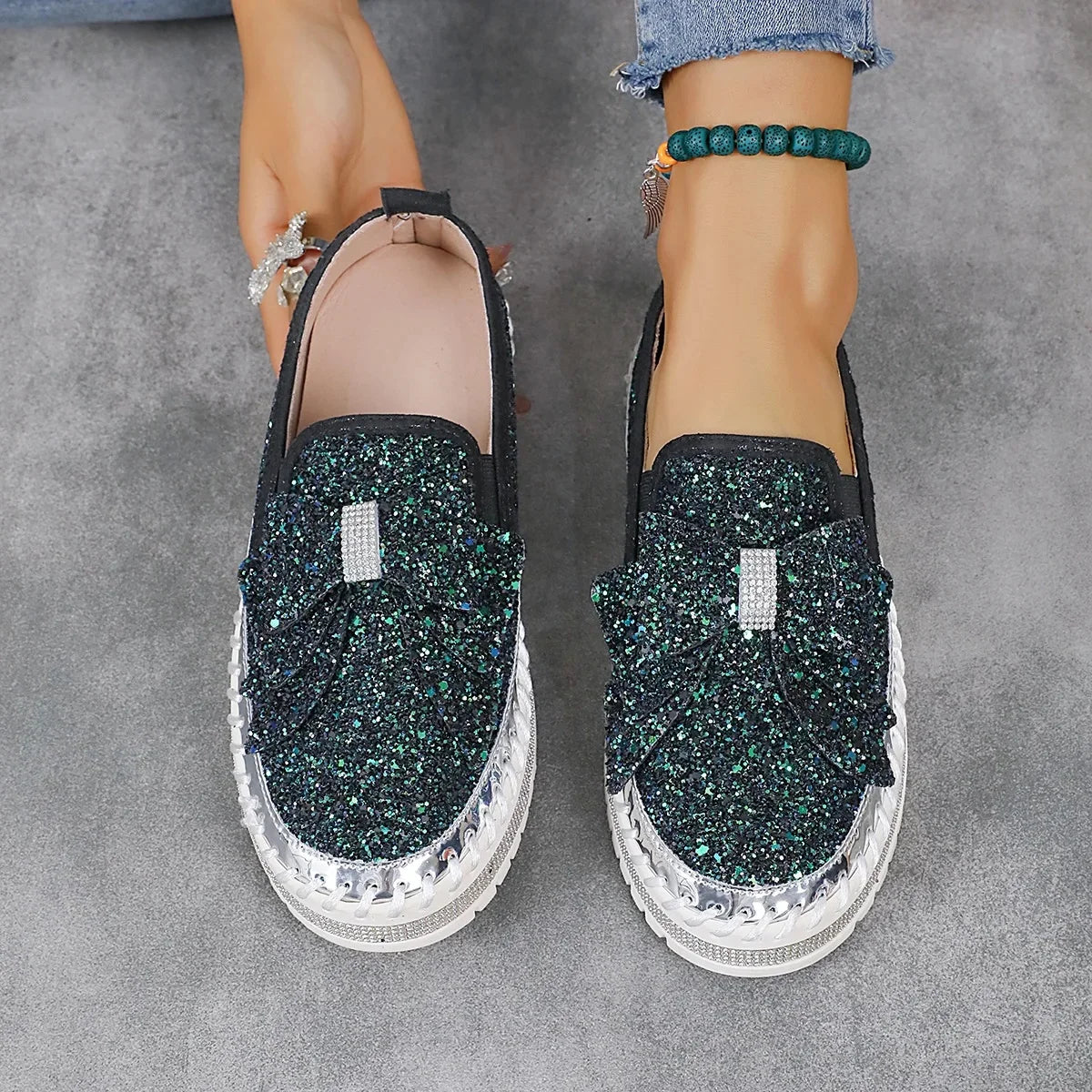 Sparkly Platform Loafers with Bow