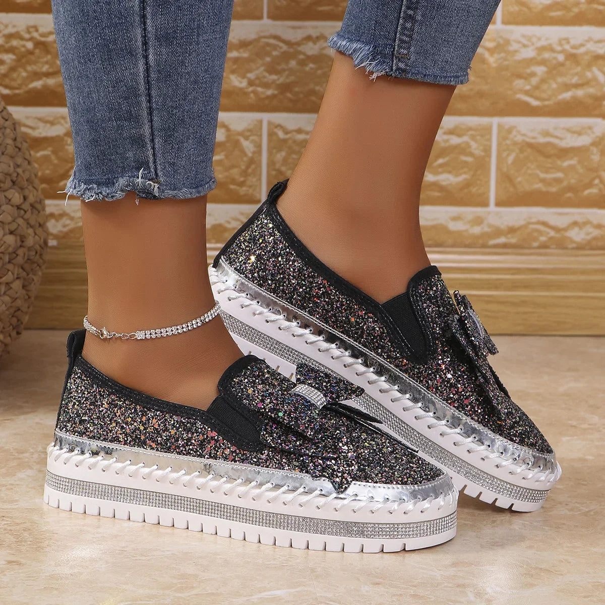 Sparkly Platform Loafers with Bow