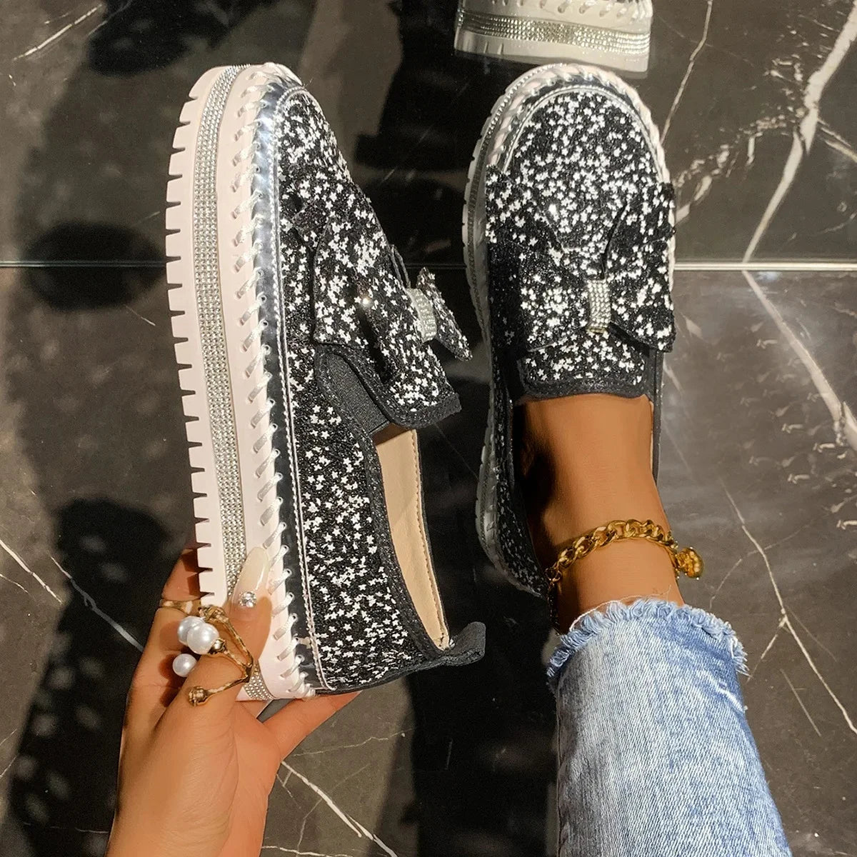Sparkly Platform Loafers with Bow