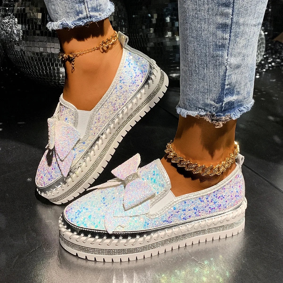 Sparkly Platform Loafers with Bow