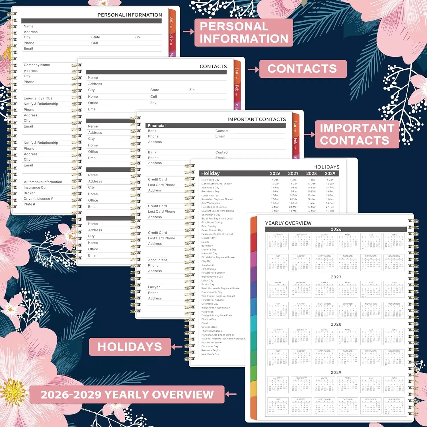2026-2029 Monthly Planner, 3-Year Calendar with Colorful Tabs and Back Pocket