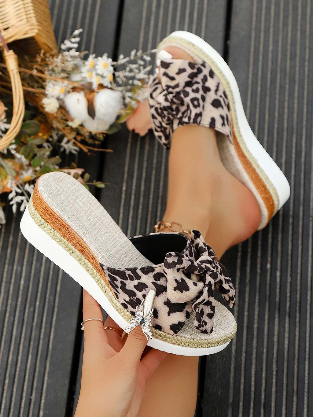 Leopard Wedge Sandles with Bow