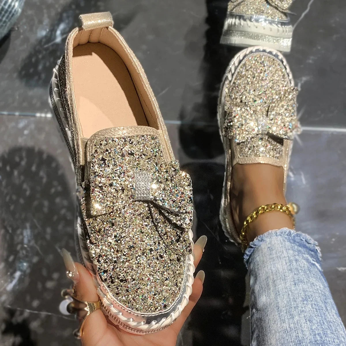 Sparkly Platform Loafers with Bow