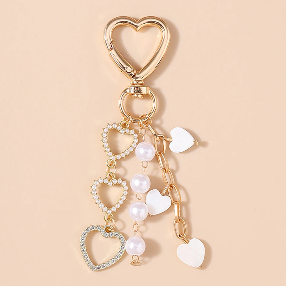 Cute Bowknot Love Heart Keychain Crystal Pearl Key Ring Pendants for Women Girls Handbag Decor DIY Handmade Key Chain Gifts