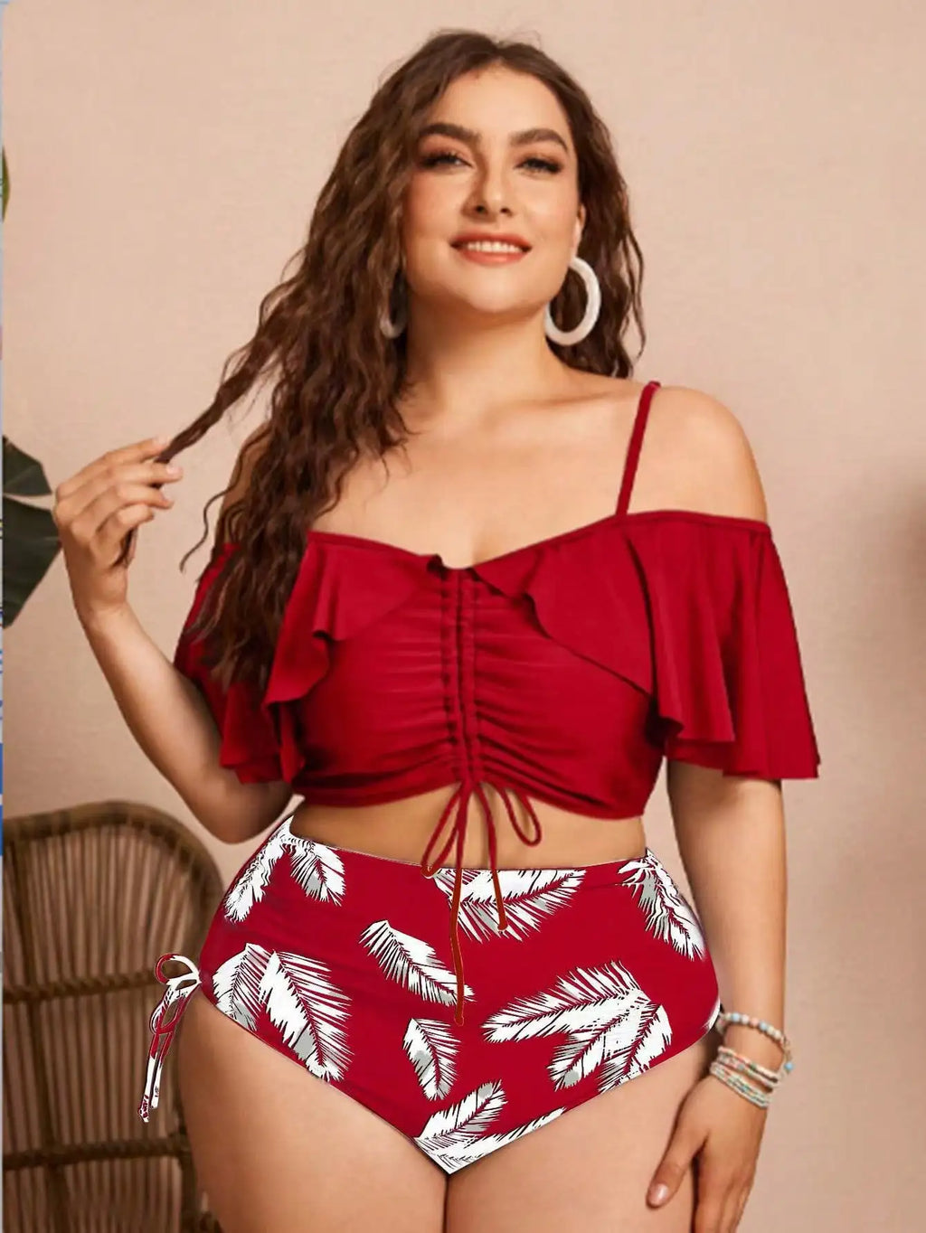 Ruched Ruffle Sleeve Bikini Top&High Waist Ruched Bikini Bottoms