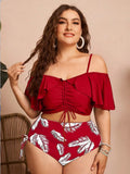 Ruched Ruffle Sleeve Bikini Top&High Waist Ruched Bikini Bottoms