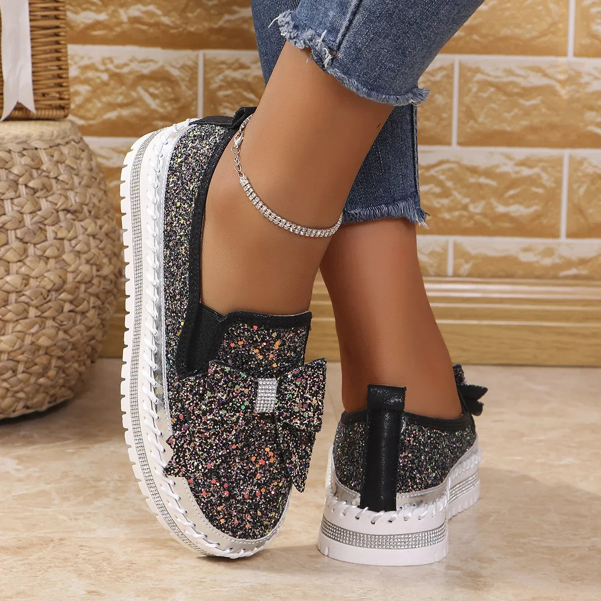Sparkly Platform Loafers with Bow