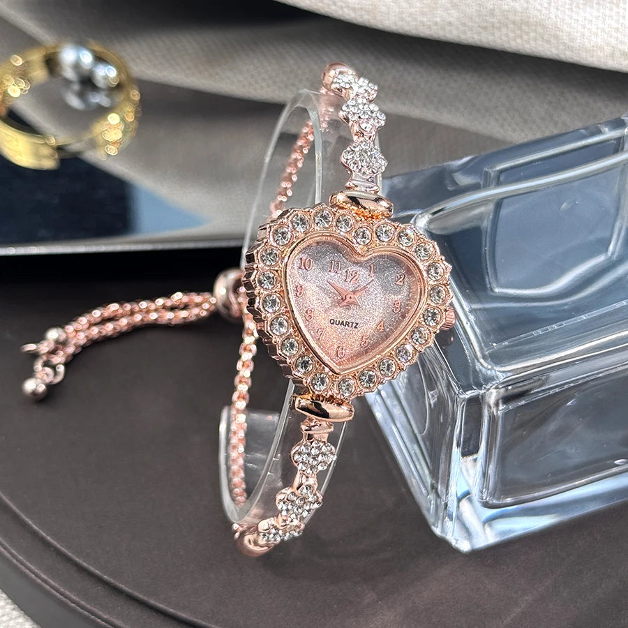 Heart Diamond-Studded Watch with Adjustable Bracelet