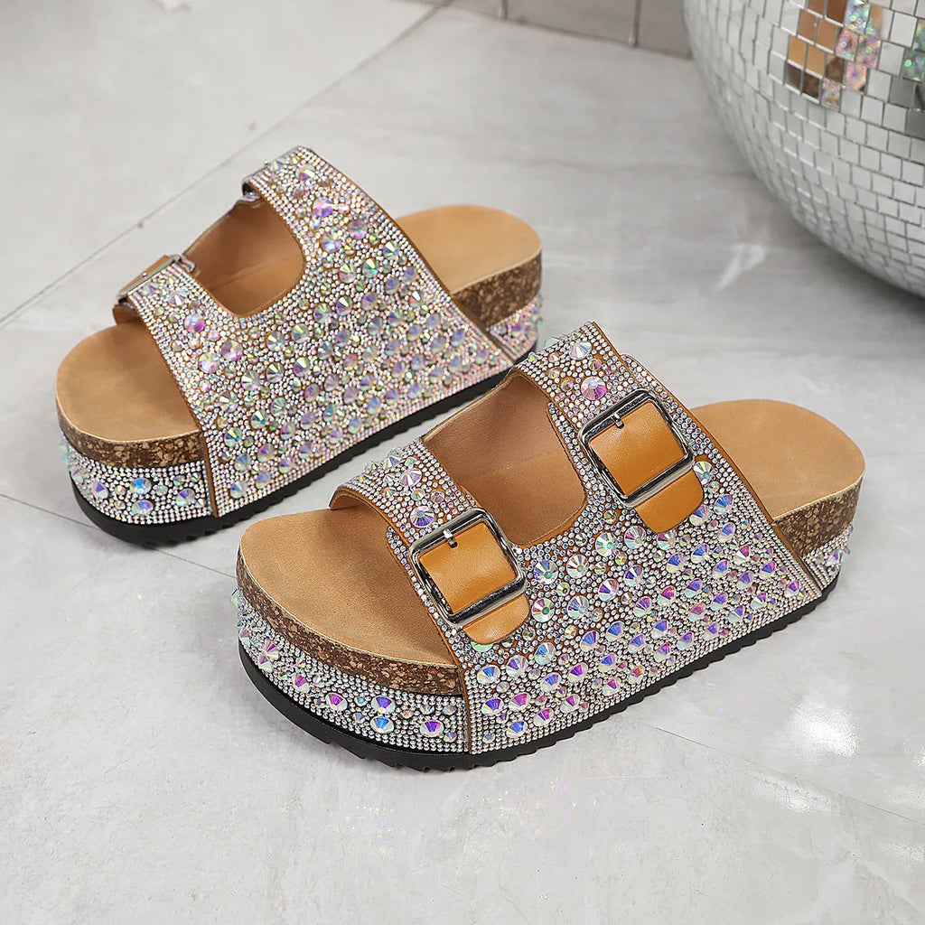Platform Rhinestone Sandals with Buckles
