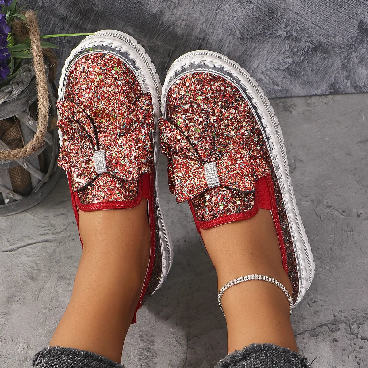 Sparkly Platform Loafers with Bow