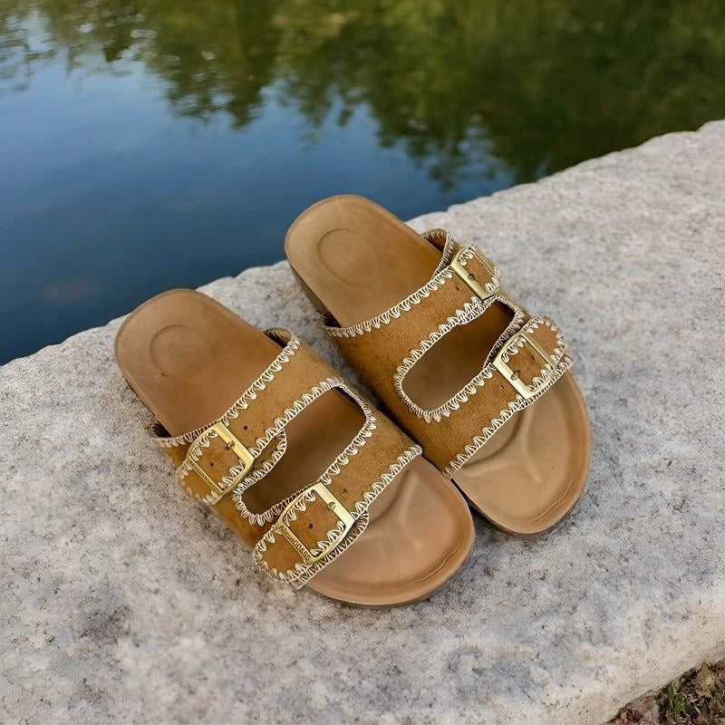 Stitched Soft Leather Sandals with Buckle