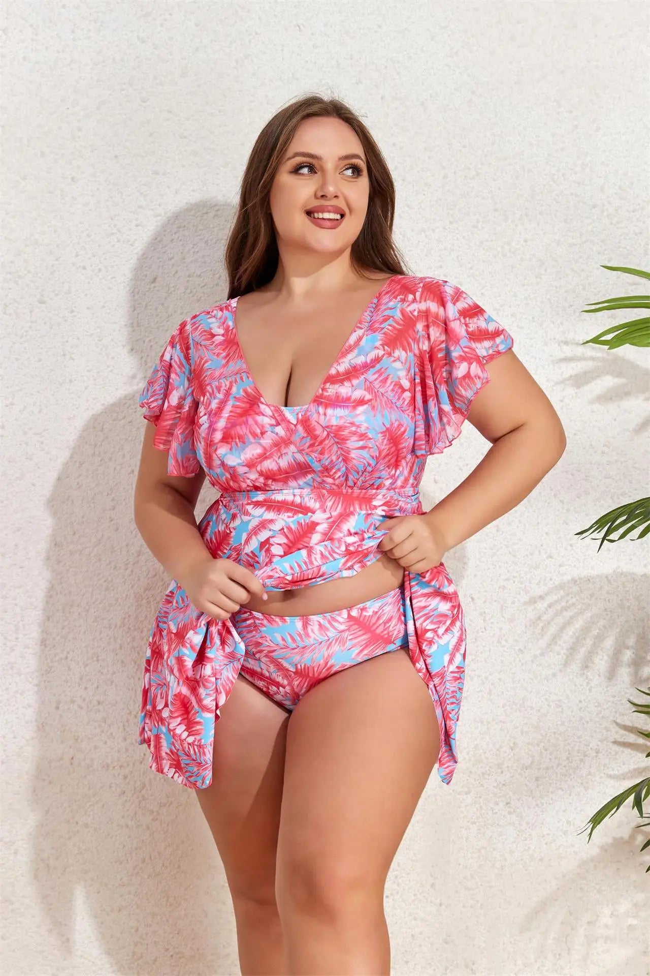 Ruffle Sleeve Tankini Top&High Waist Bikini Bottoms