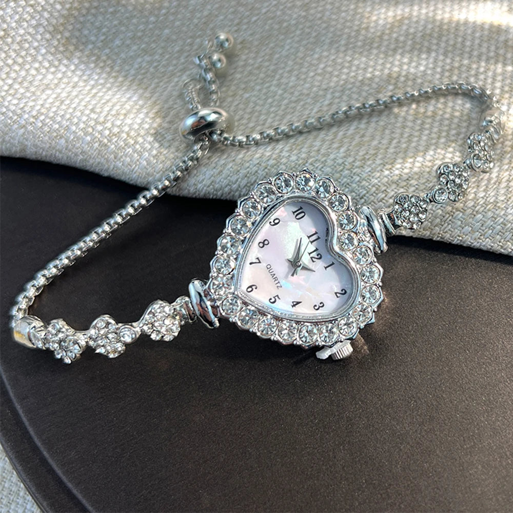 Heart Diamond-Studded Watch with Adjustable Bracelet