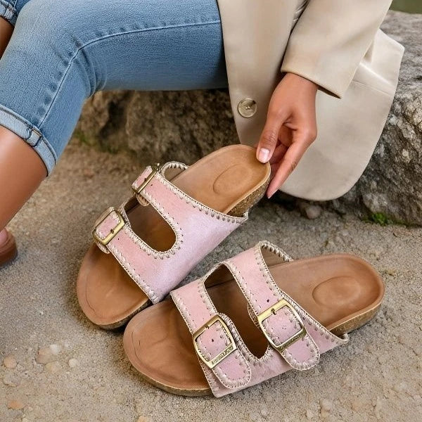 Stitched Soft Leather Sandals with Buckle