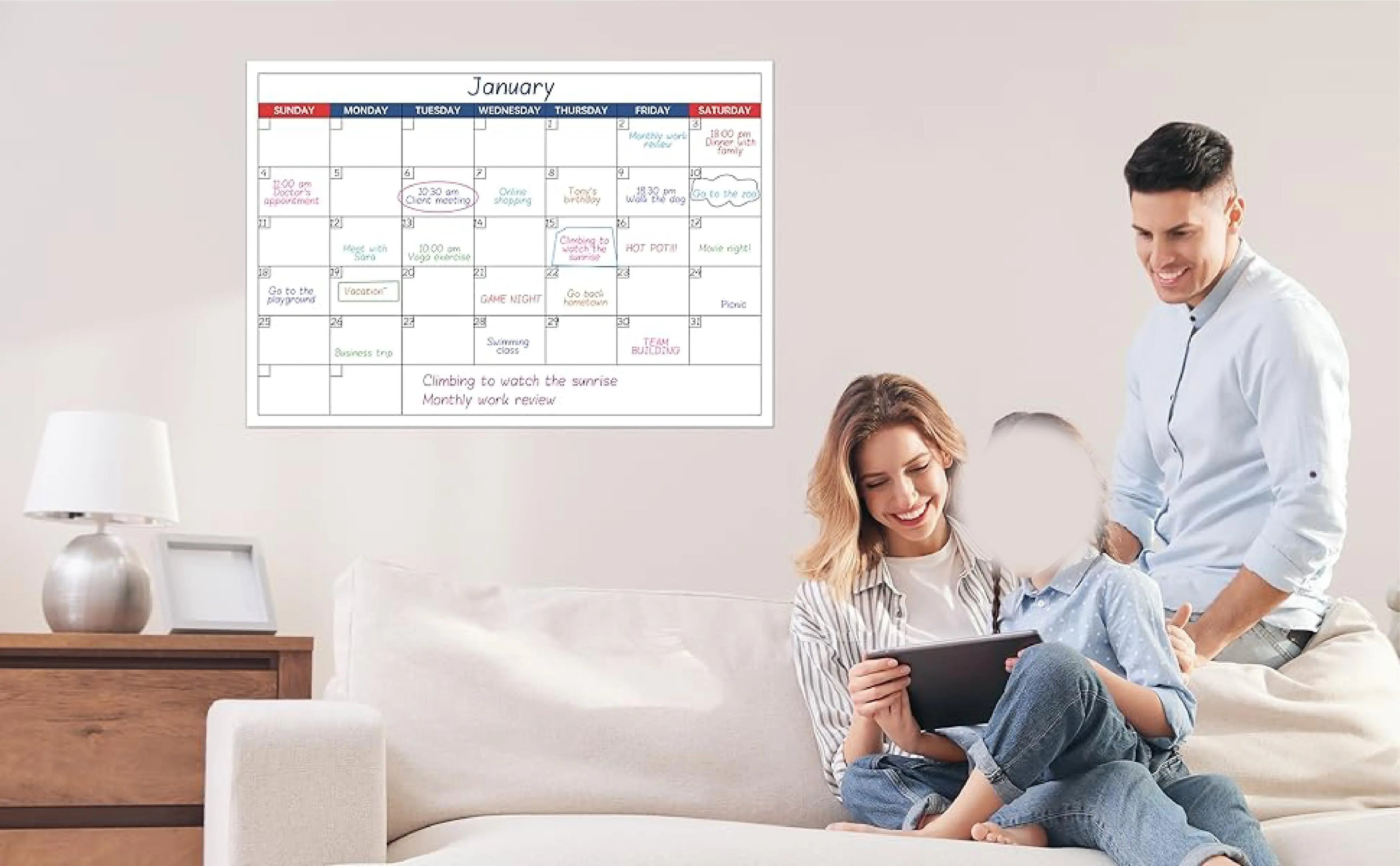 Wall Mount Rewritable Calendar - Undated Monthly Calendar, 40 × 23.62 with 8 Round Stickers